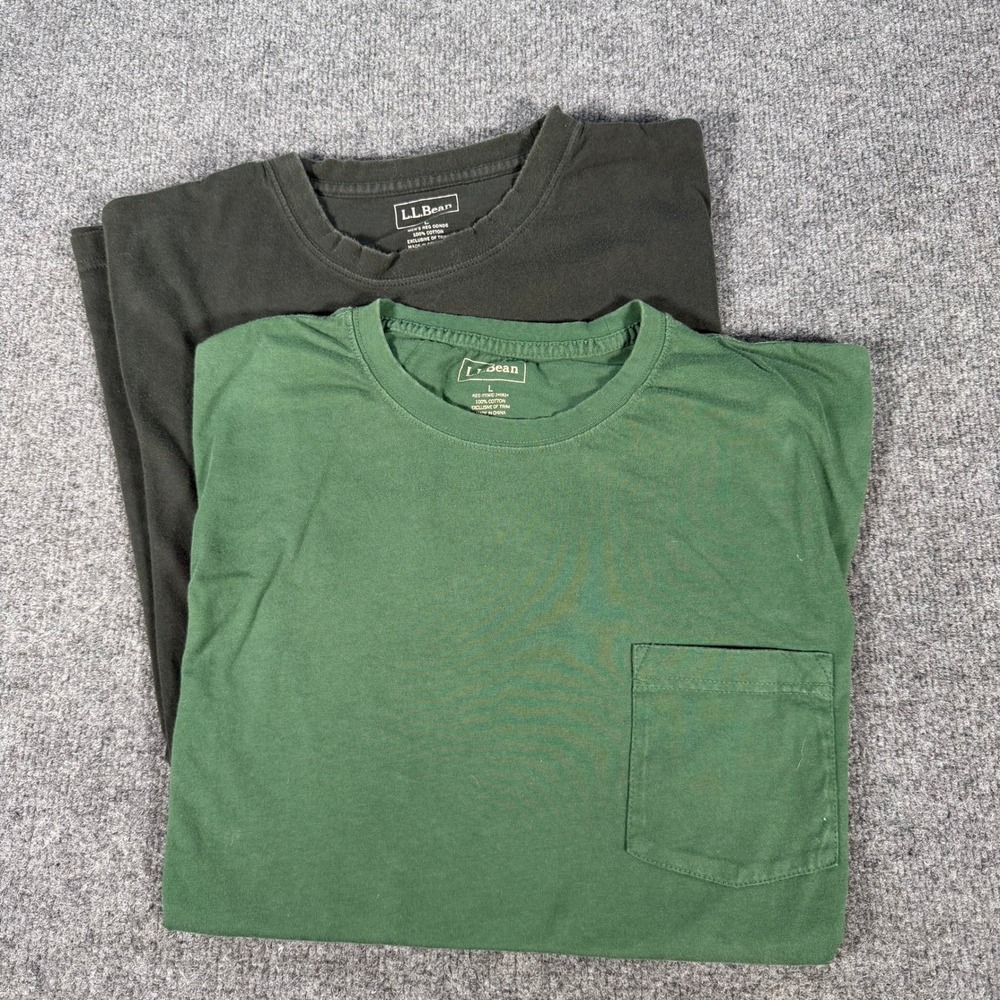 L.L. Bean Mens 2 Pack Pocket T-Shirts Green Gray Cotton Crew Neck Large #4550
